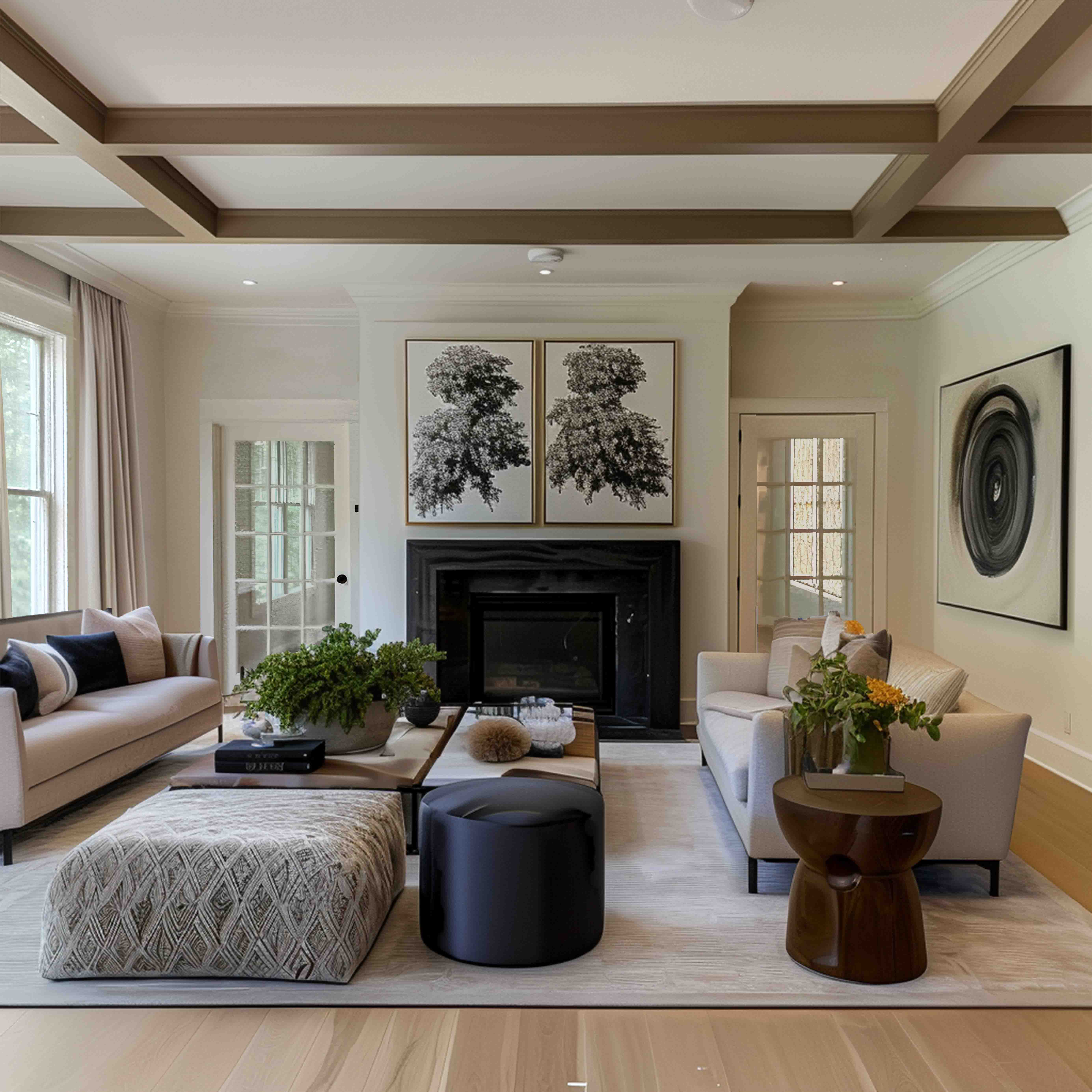 A comfortable living room with plush seating and a woven rug