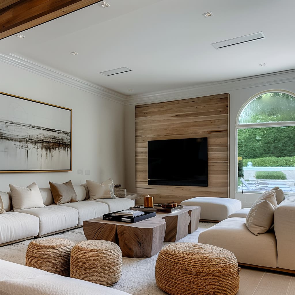 A contemporary living room with bold accents and a focal point sculpture
