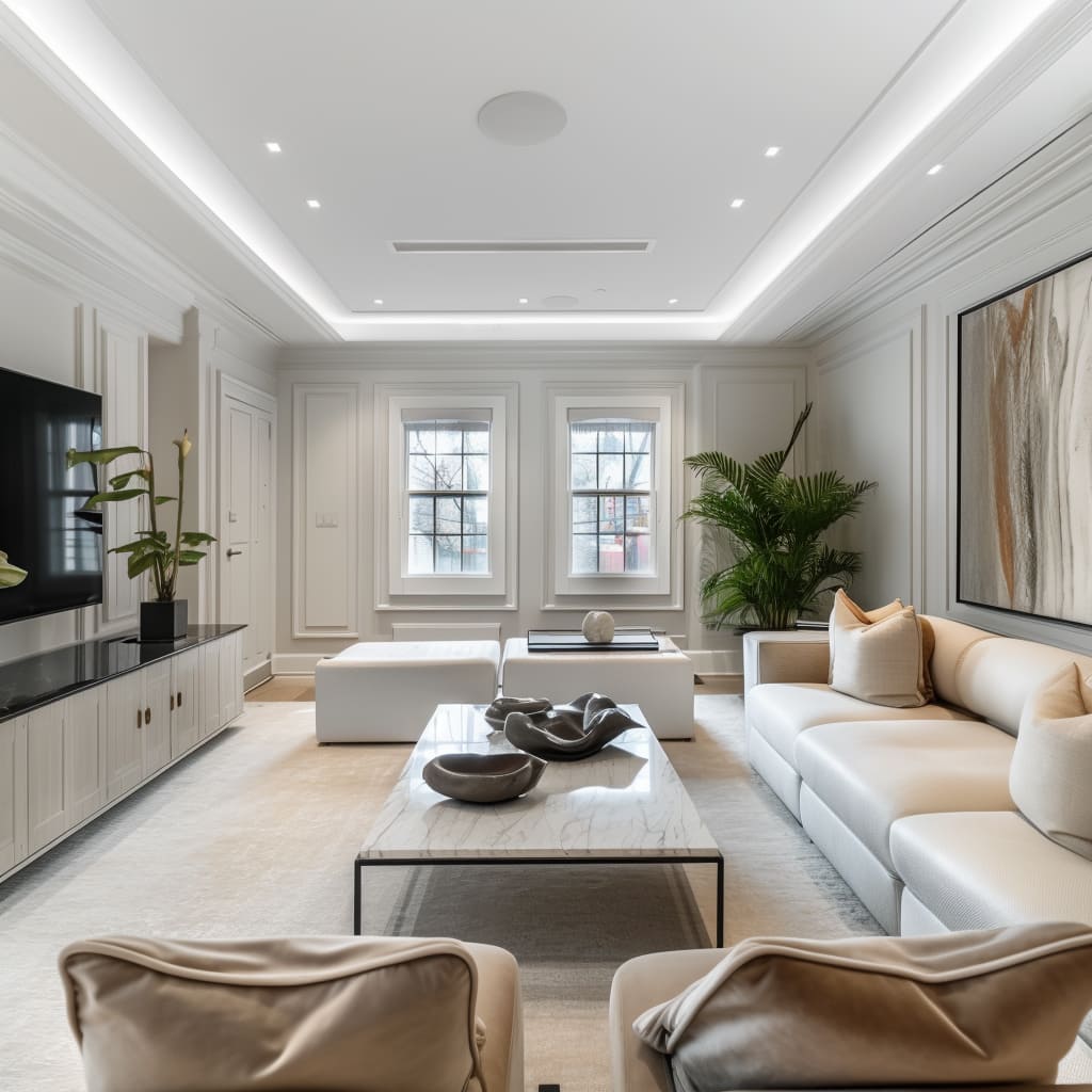 A-contemporary-living-room-with-sleek-furniture-and-soft-white-walls