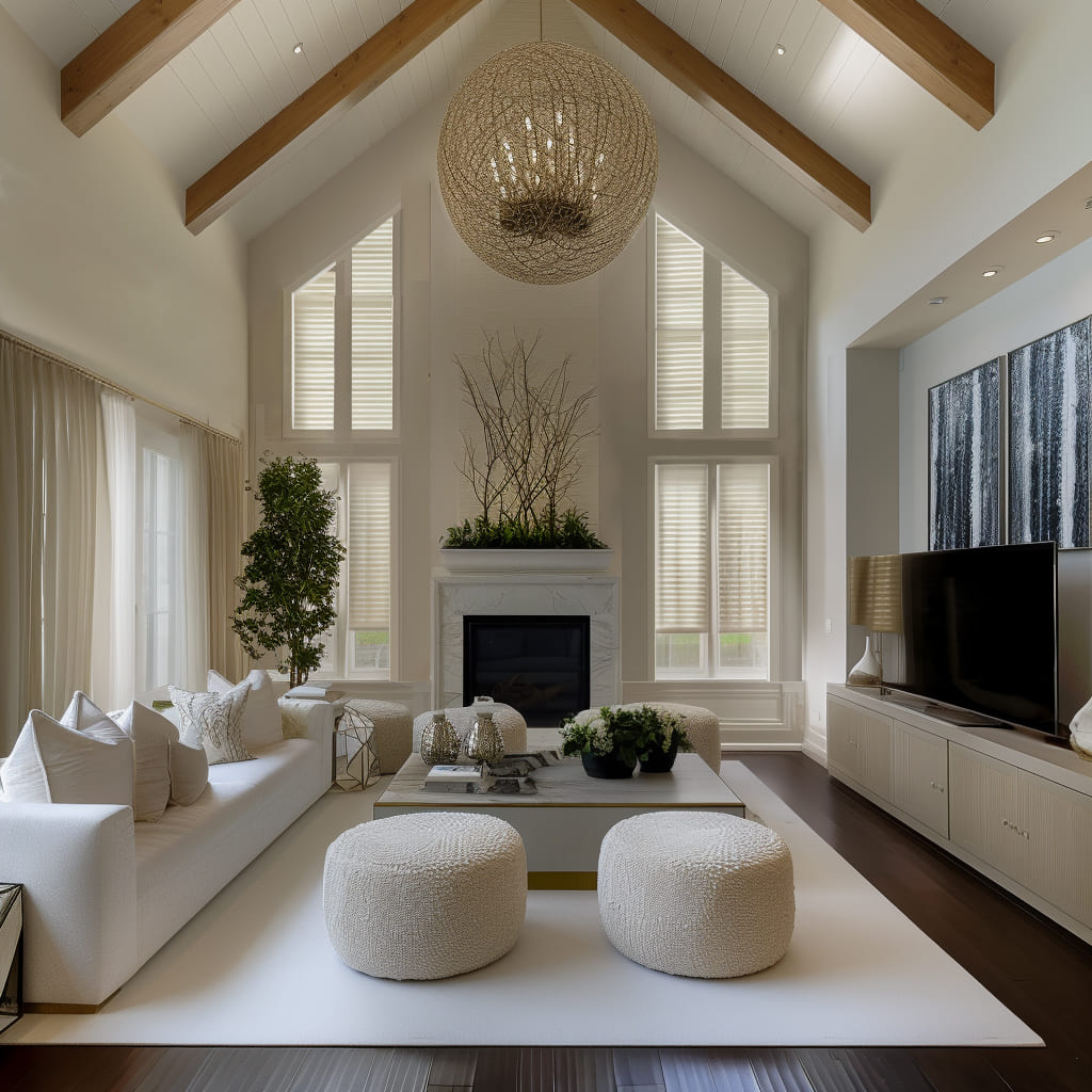 A dramatic focal point with a stone fireplace and exposed beams