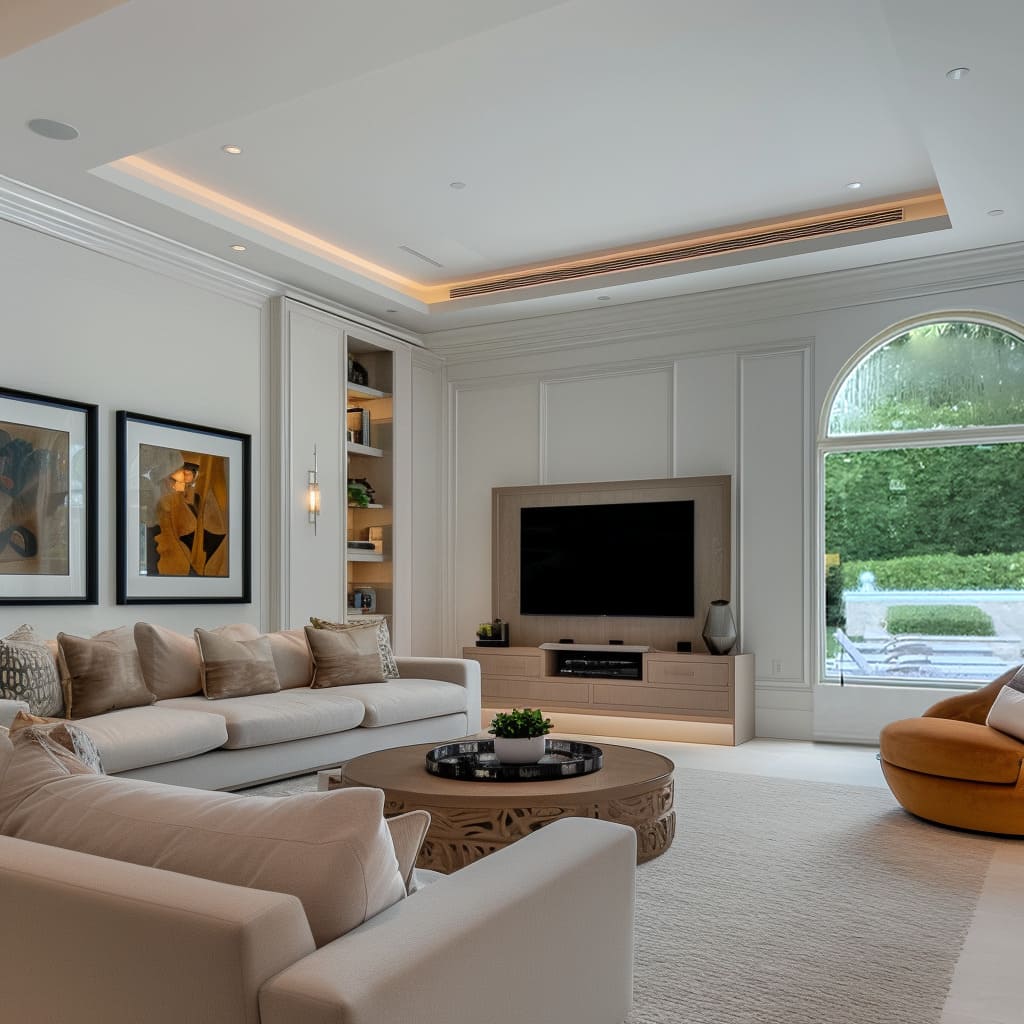 A functional living room with builtin shelving and decorative baskets