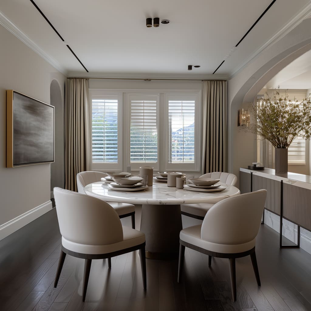 A living room with a sculptural design centerpiece