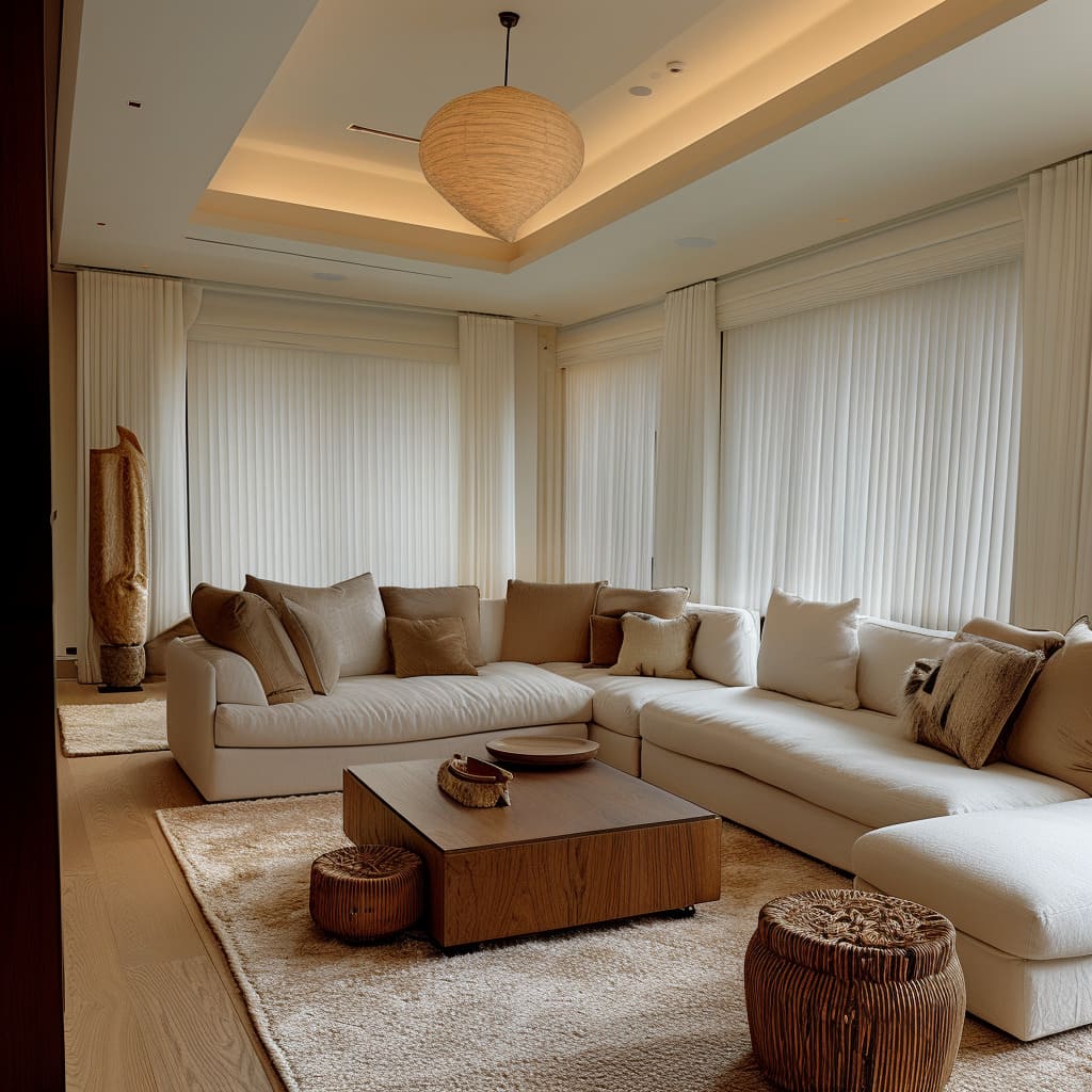A living room with recessed ceiling enhances the rooms height