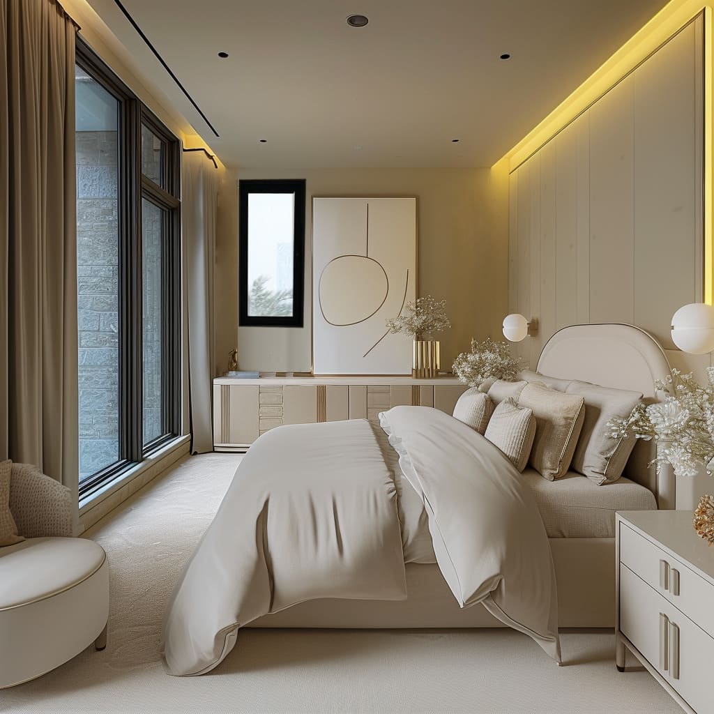 A minimalist bedroom design focuses on clean lines and neutral colors