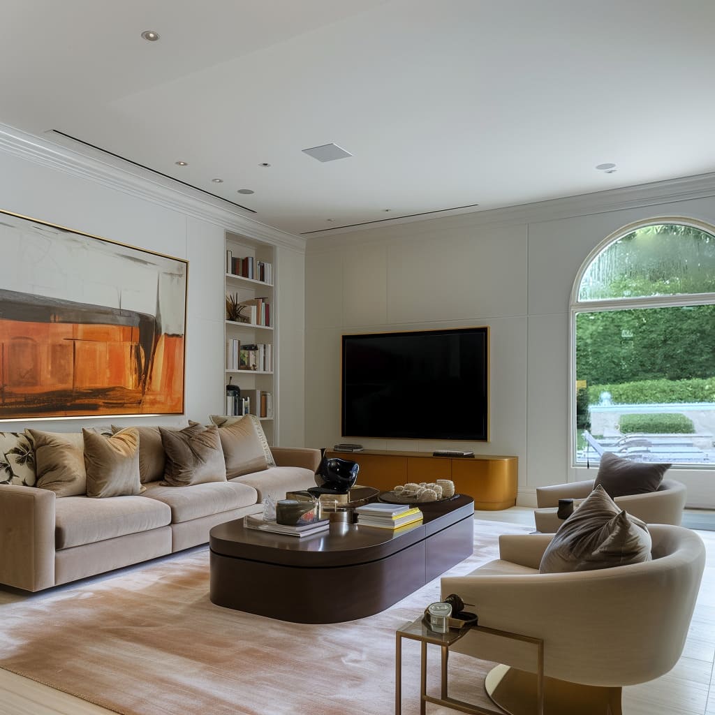 A modern living room with metallic accents and vibrant colors