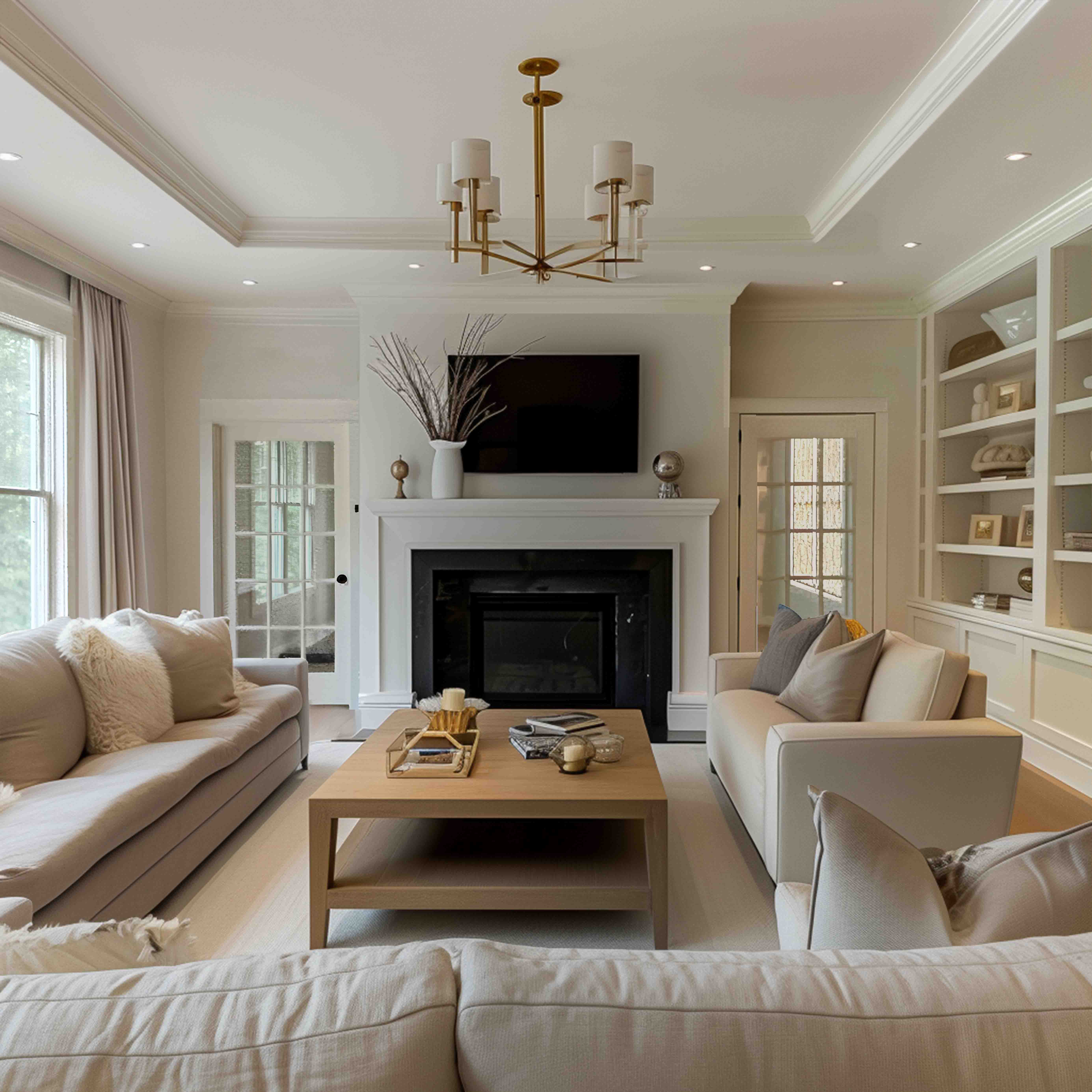 A modern space with dynamic textures and a black and white art display