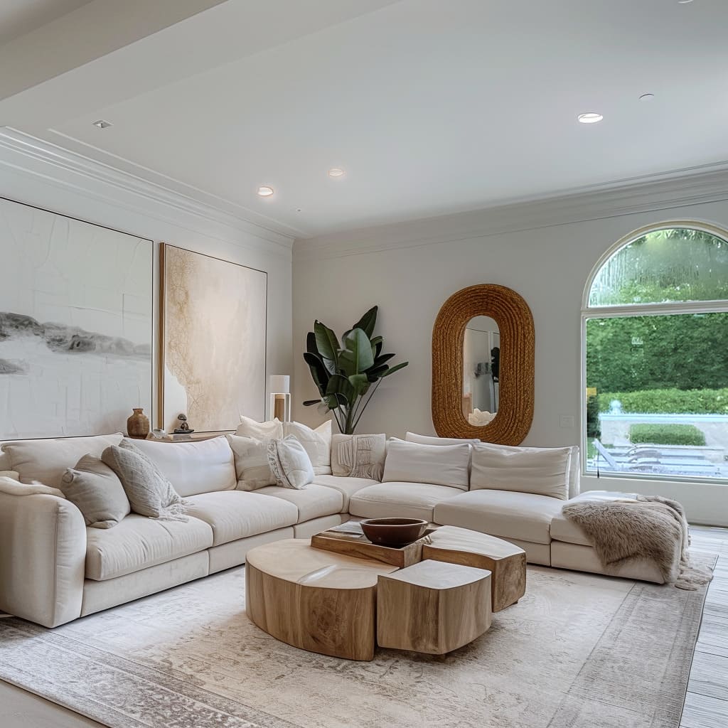 A serene living room with soft tones and organic elements