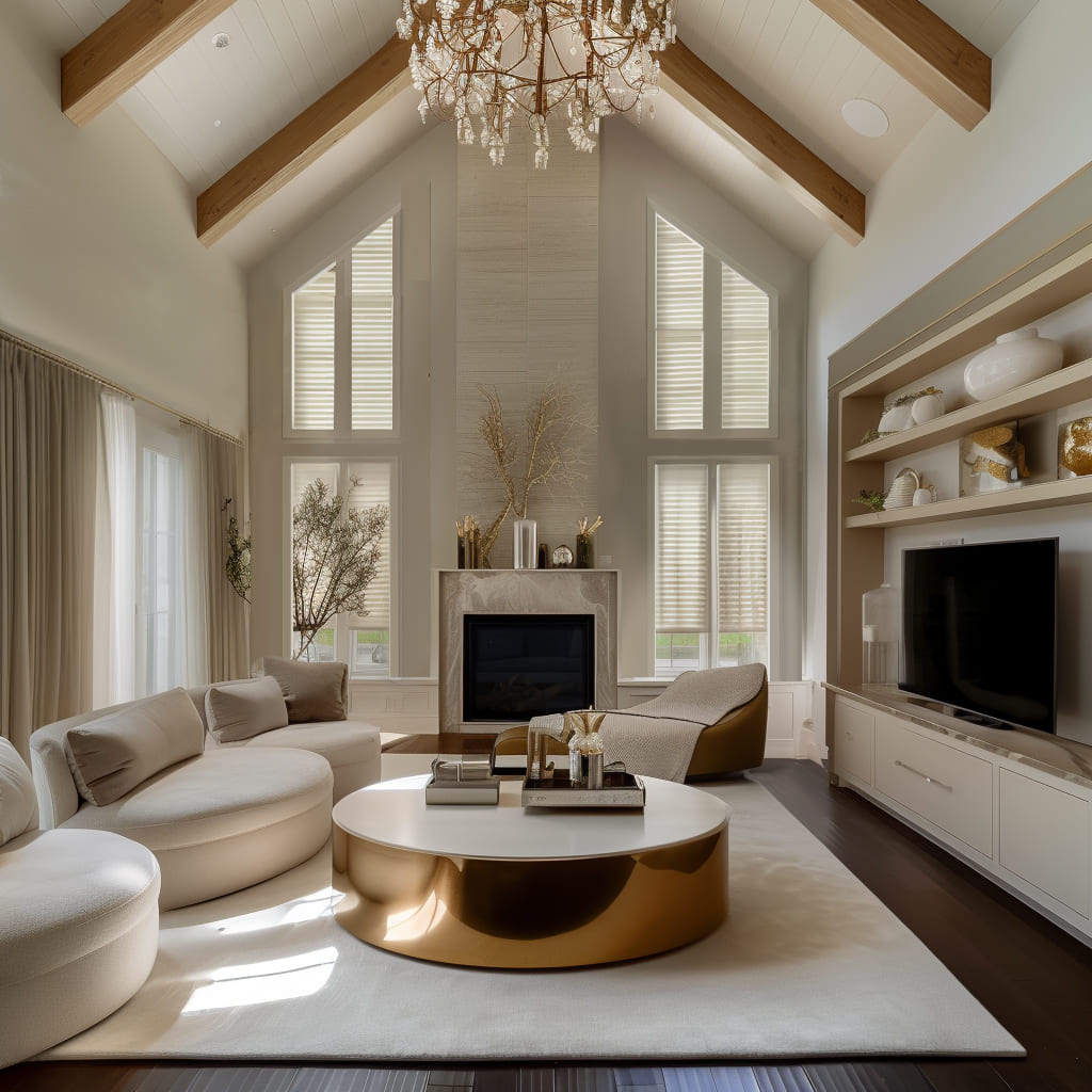 A sophisticated living room with a sculptural chandelier and high ceilings