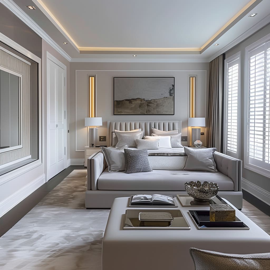 A sophisticated living room with tufted sofas and muted tones