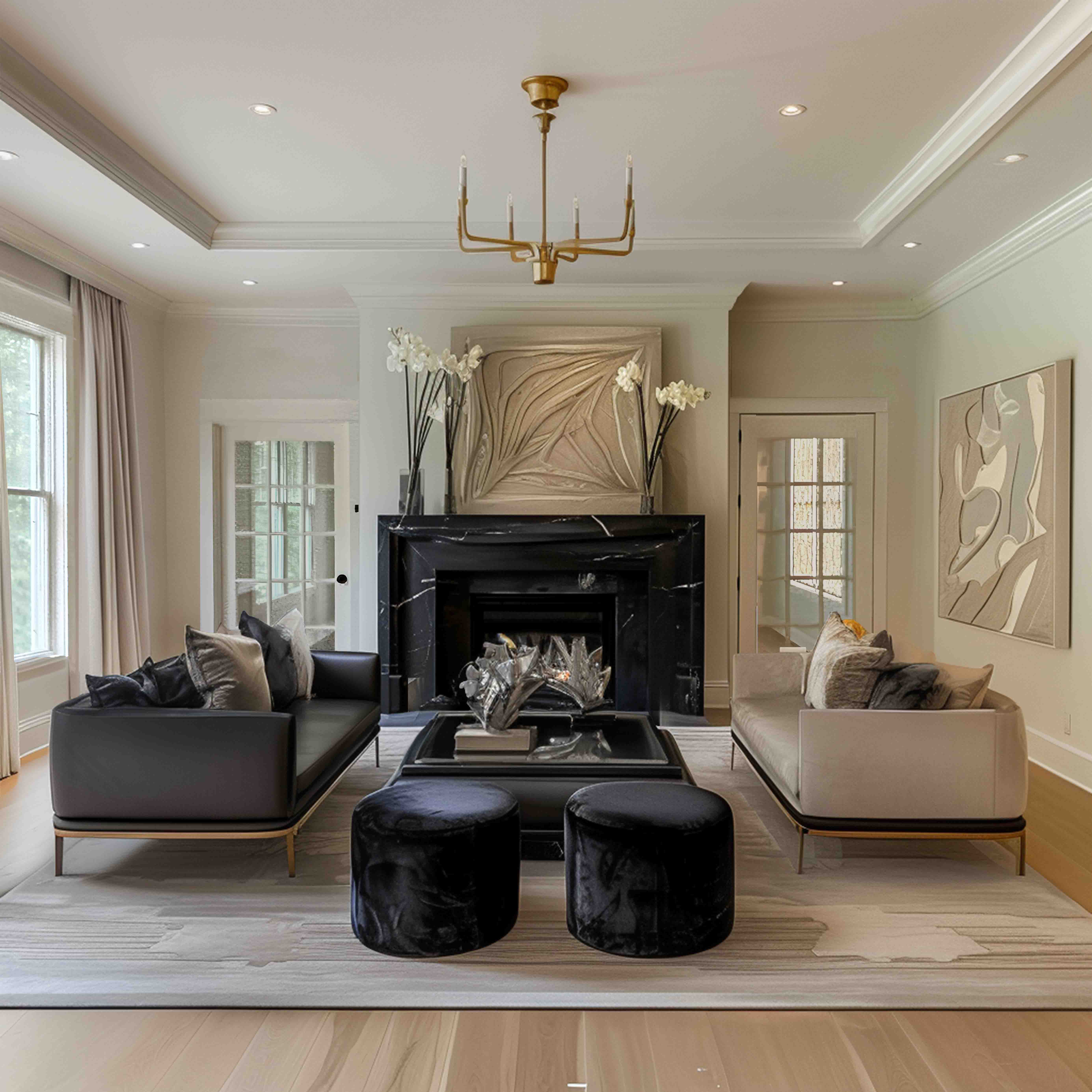 A sophisticated room renovation with curated art and plush seating