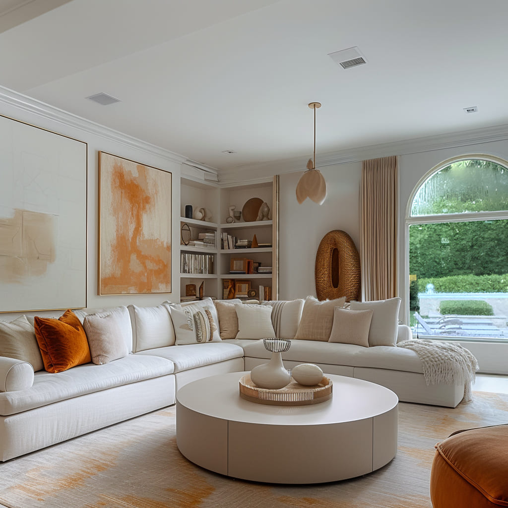 An L shaped sectional anchors the spacious living room with a calm atmosphere