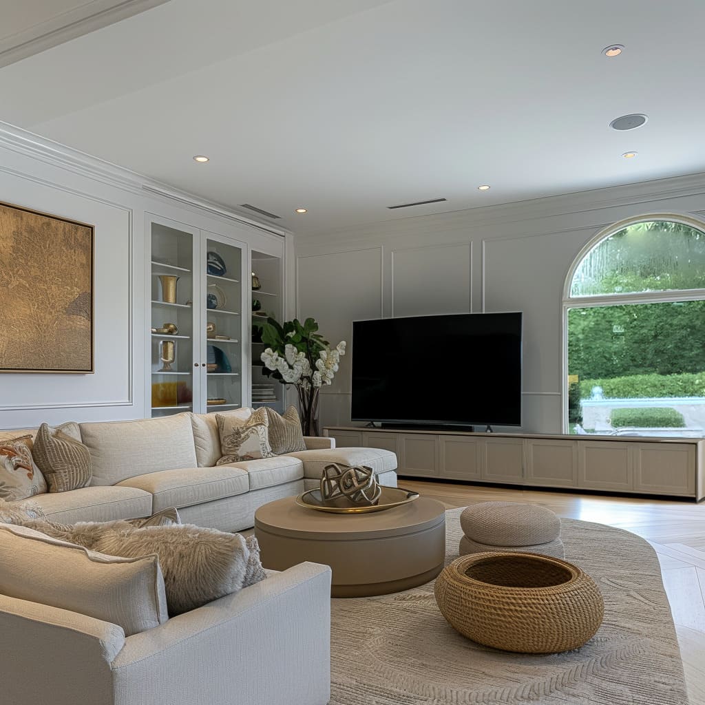 An airy living room with arched windows and plenty of natural light