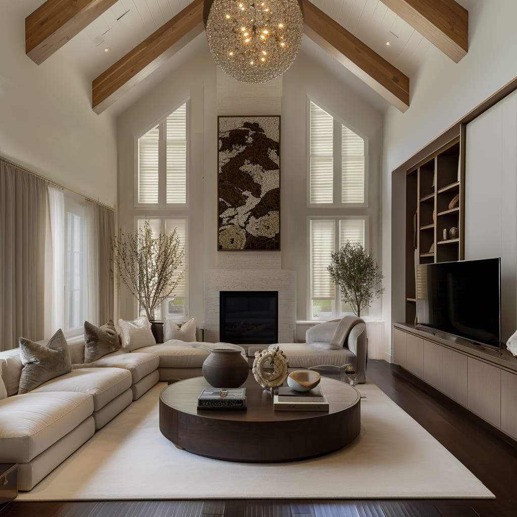 An airy living room with large windows and natural elements