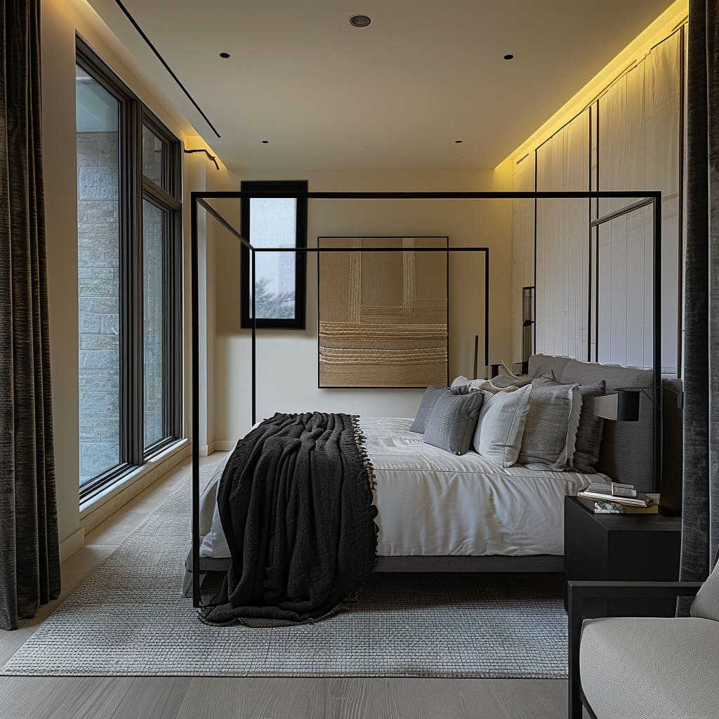 An elegant bedroom showcases metallic accents and abstract art