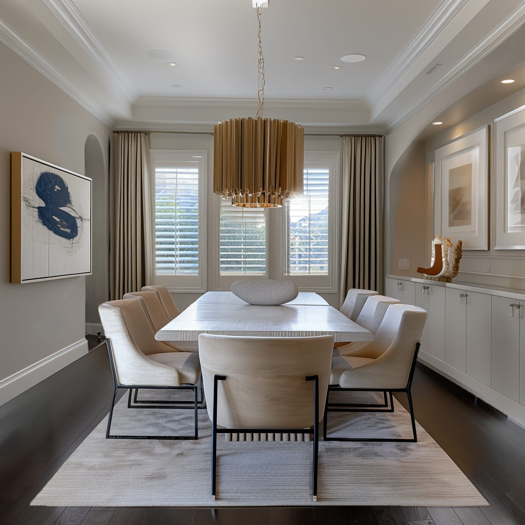 An elegant living room with a cascading chandelier