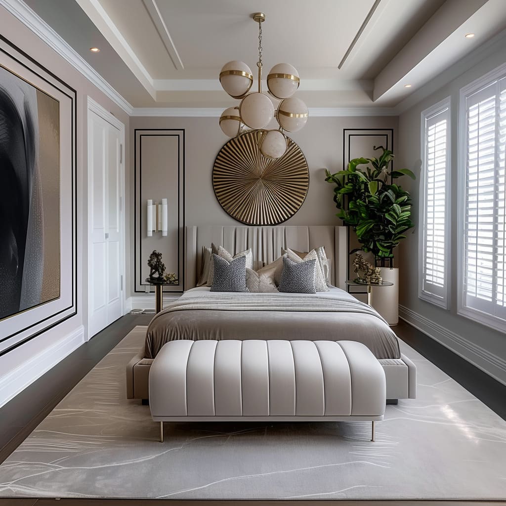 An elegant living room with plush pillows and a grandeur chandelier
