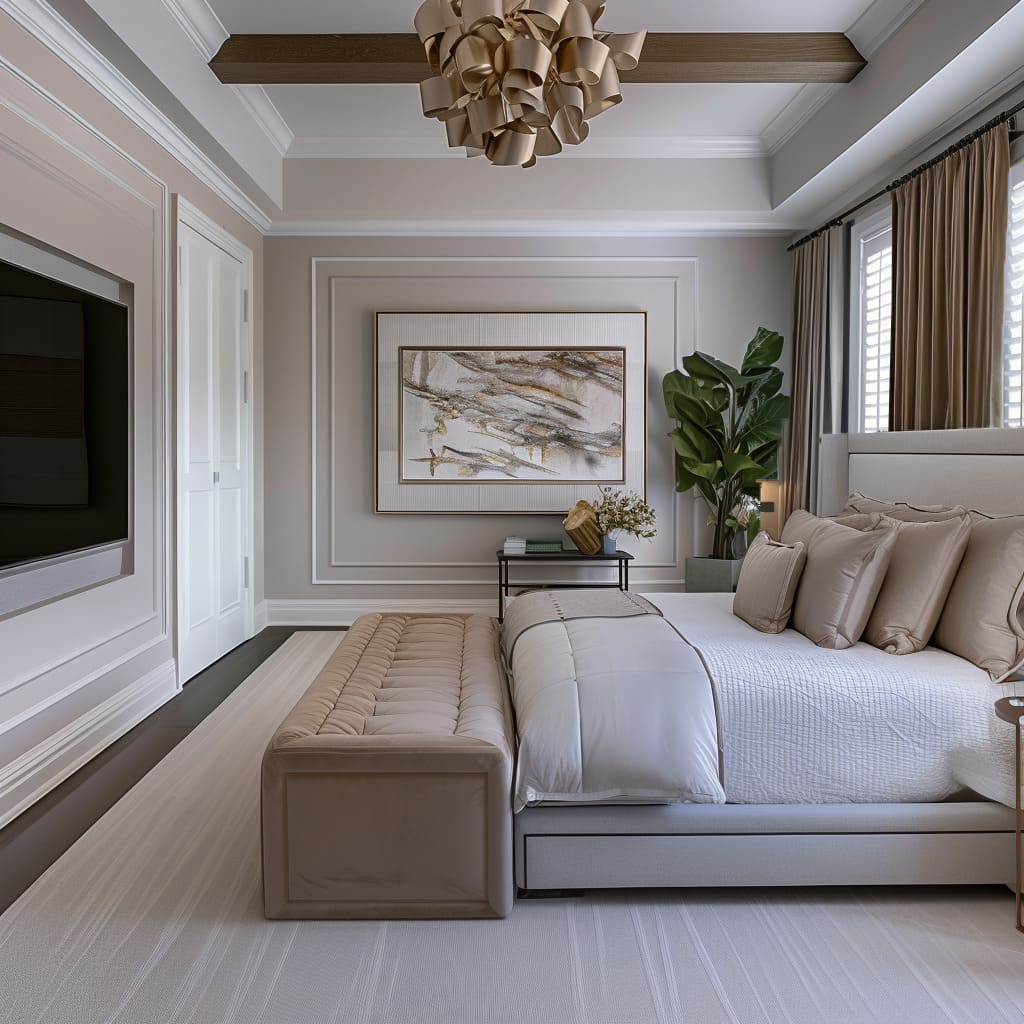 The architectural living room design includes modern paneling and muted pinks