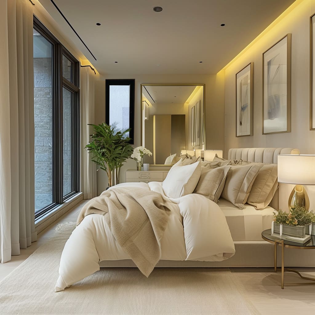 The bedroom transformation includes a recessed ceiling with ambient lighting