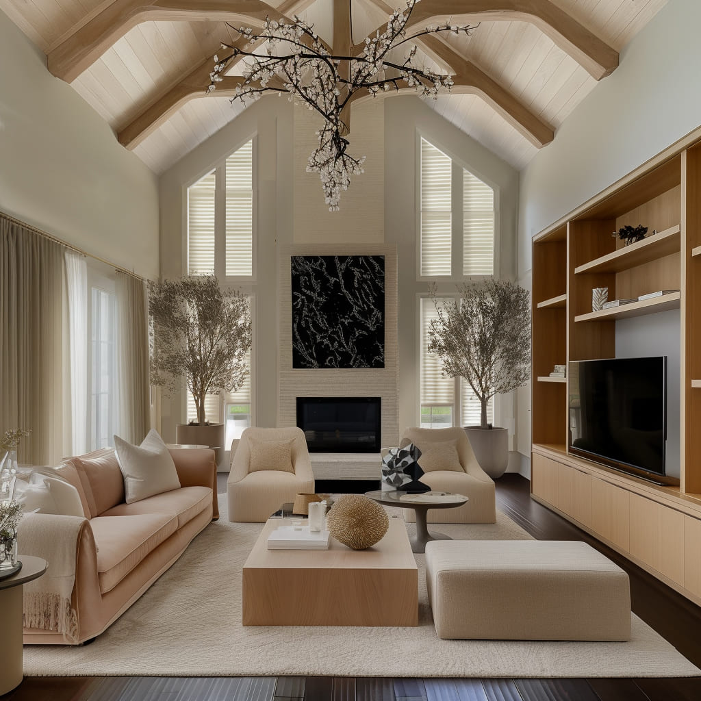 The boho chic style is evident with rattan furniture and potted plants