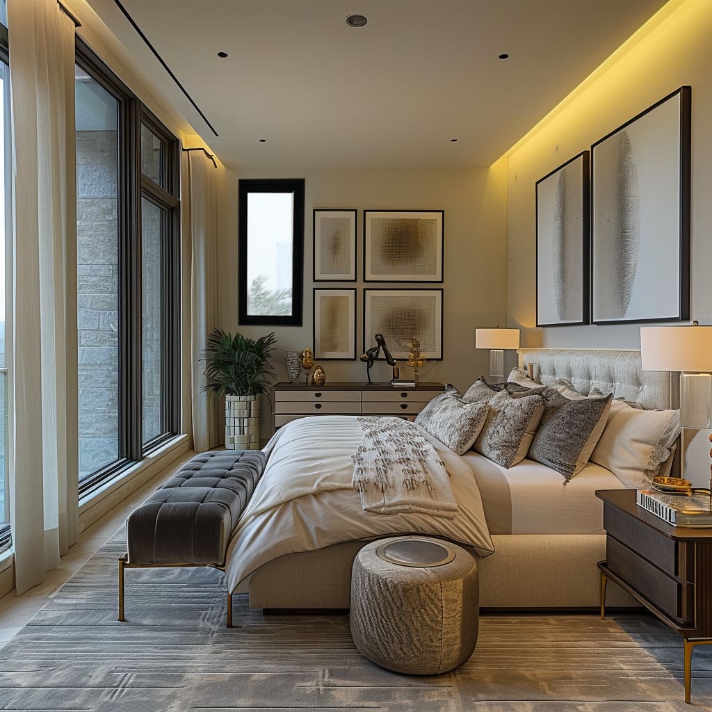 The bright bedroom is filled with natural light from large windows