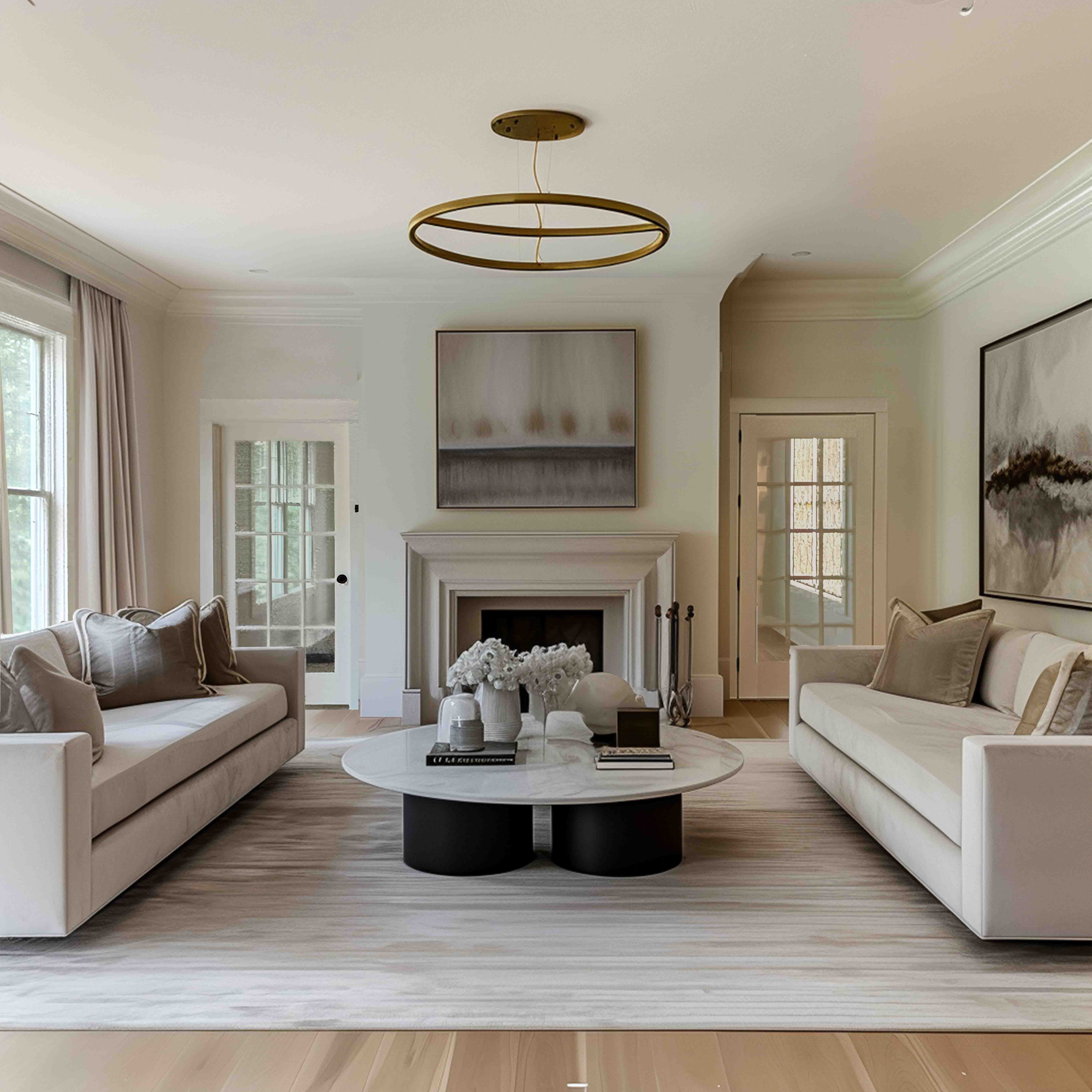 The contemporary living room boasts a high end aesthetic and wooden beams