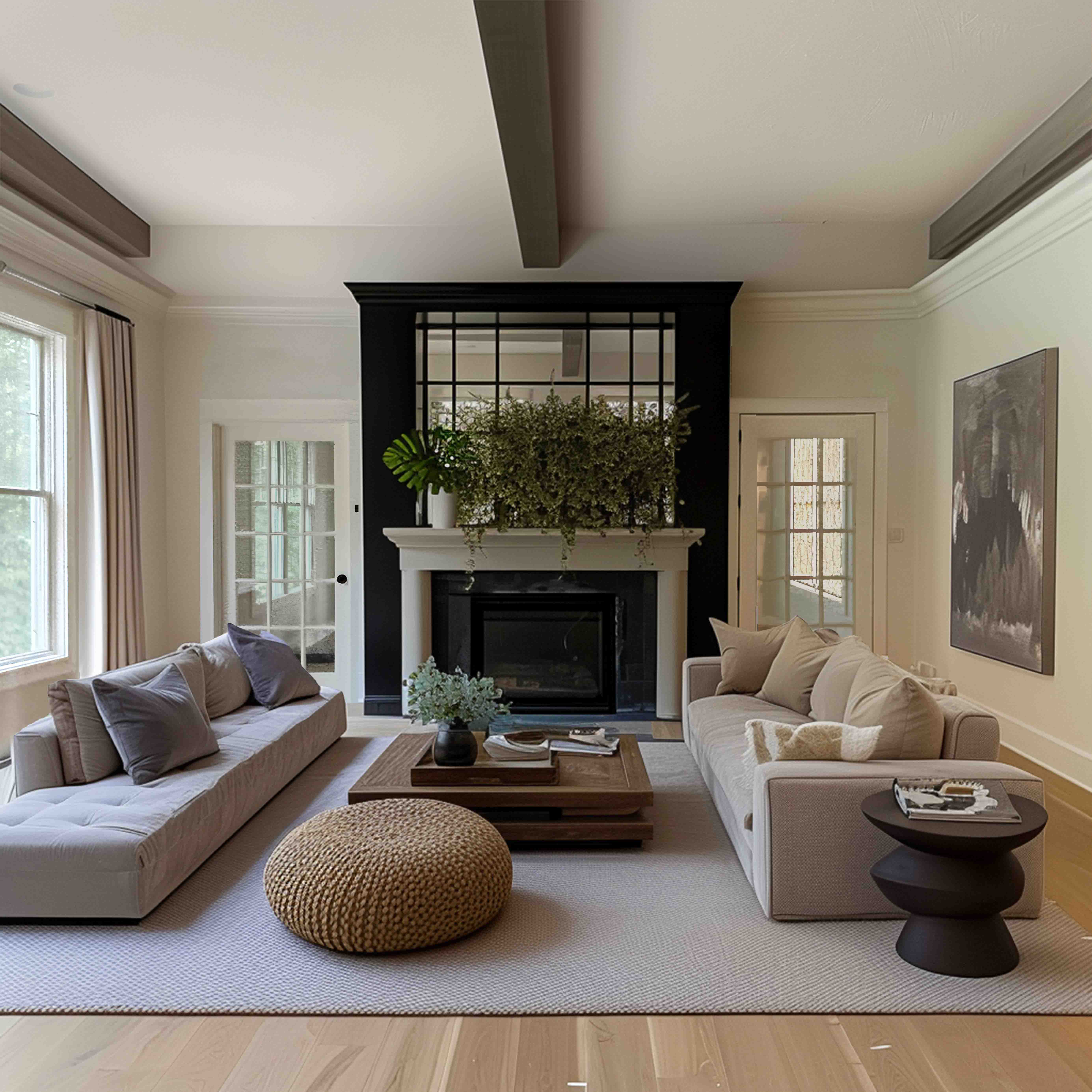 The cozy living room features a statement art piece and plush seating