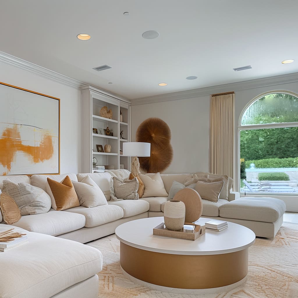 The elegant living room features artwork and gold tones
