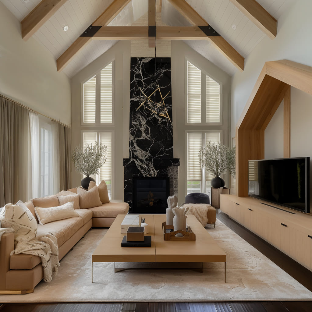 The homely feel of the room is enhanced by soft curtains and a tan sofa