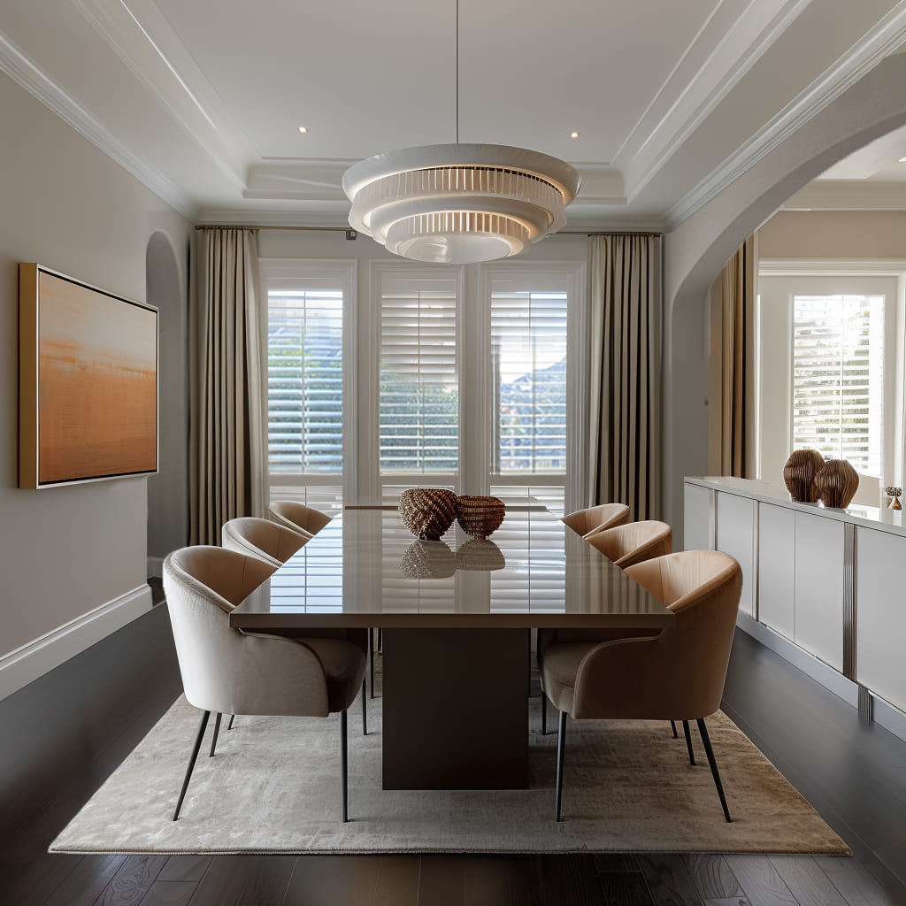 The living room features modern chic decor