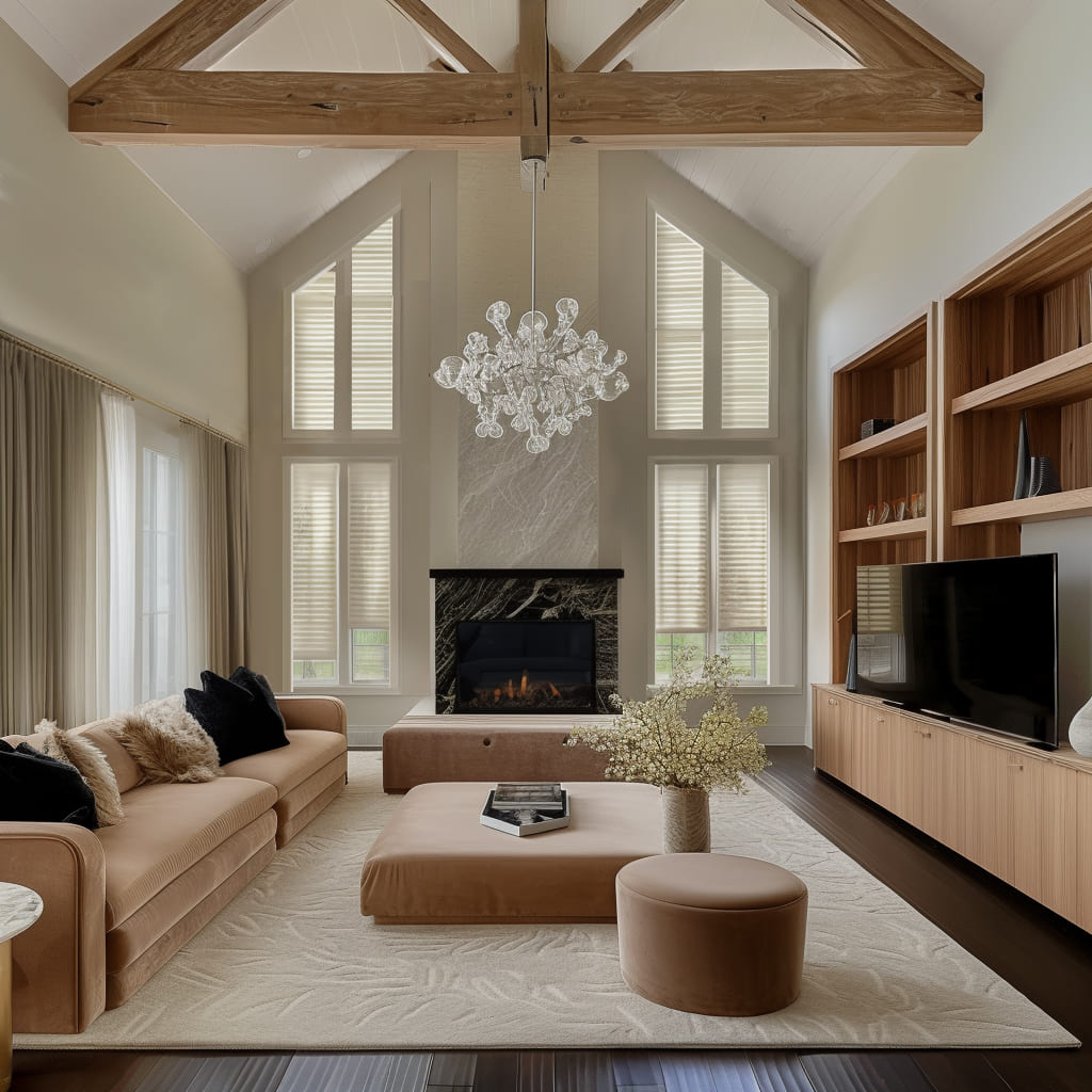 The luxurious space features gold finished tables and metallic accents