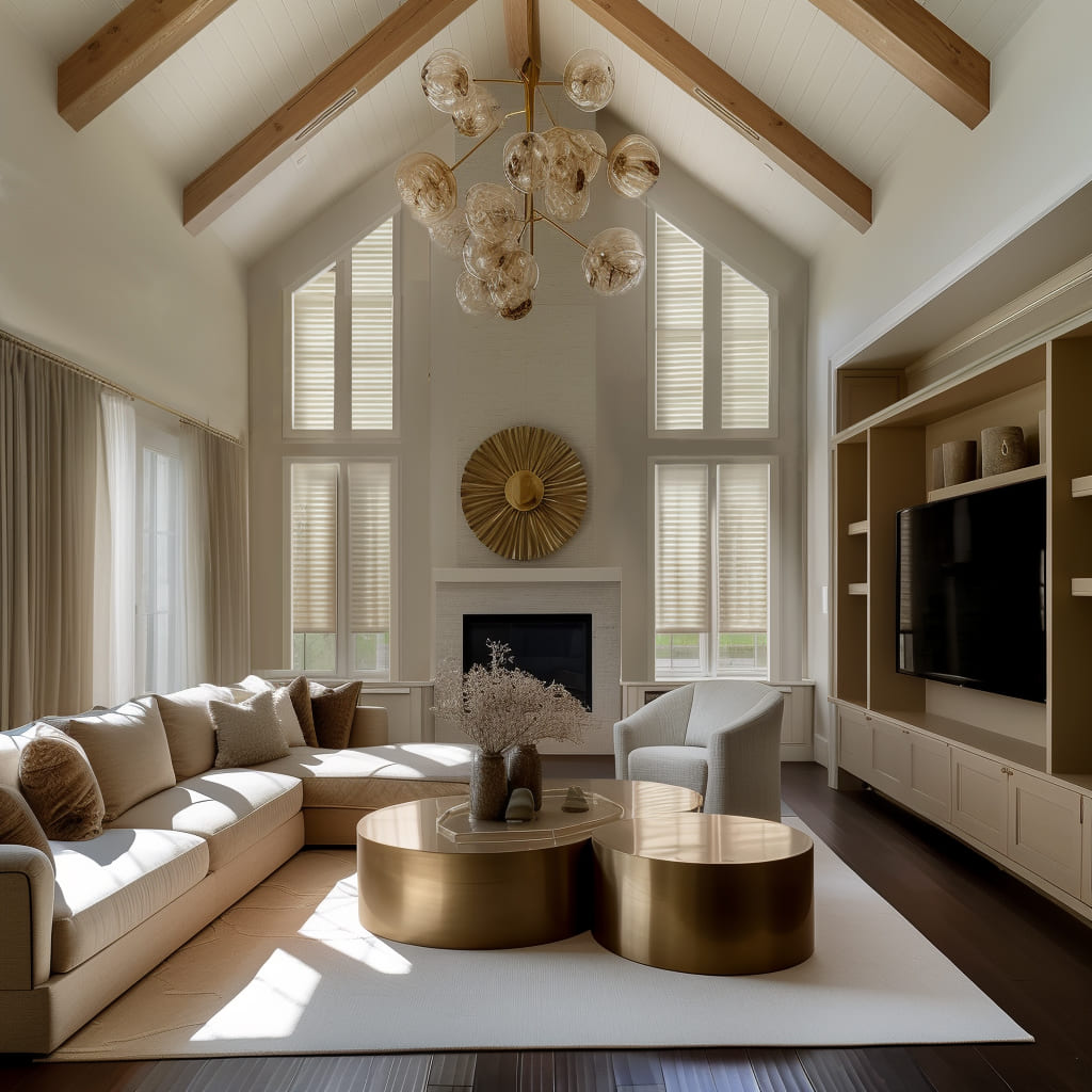 The minimalist design features light wood cabinetry and neutral colors