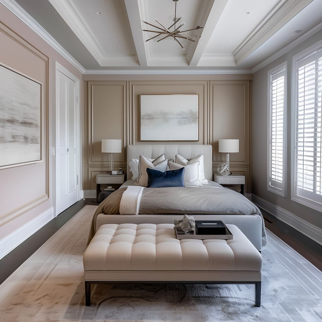 The minimalist living room features bold artwork and a striking color scheme