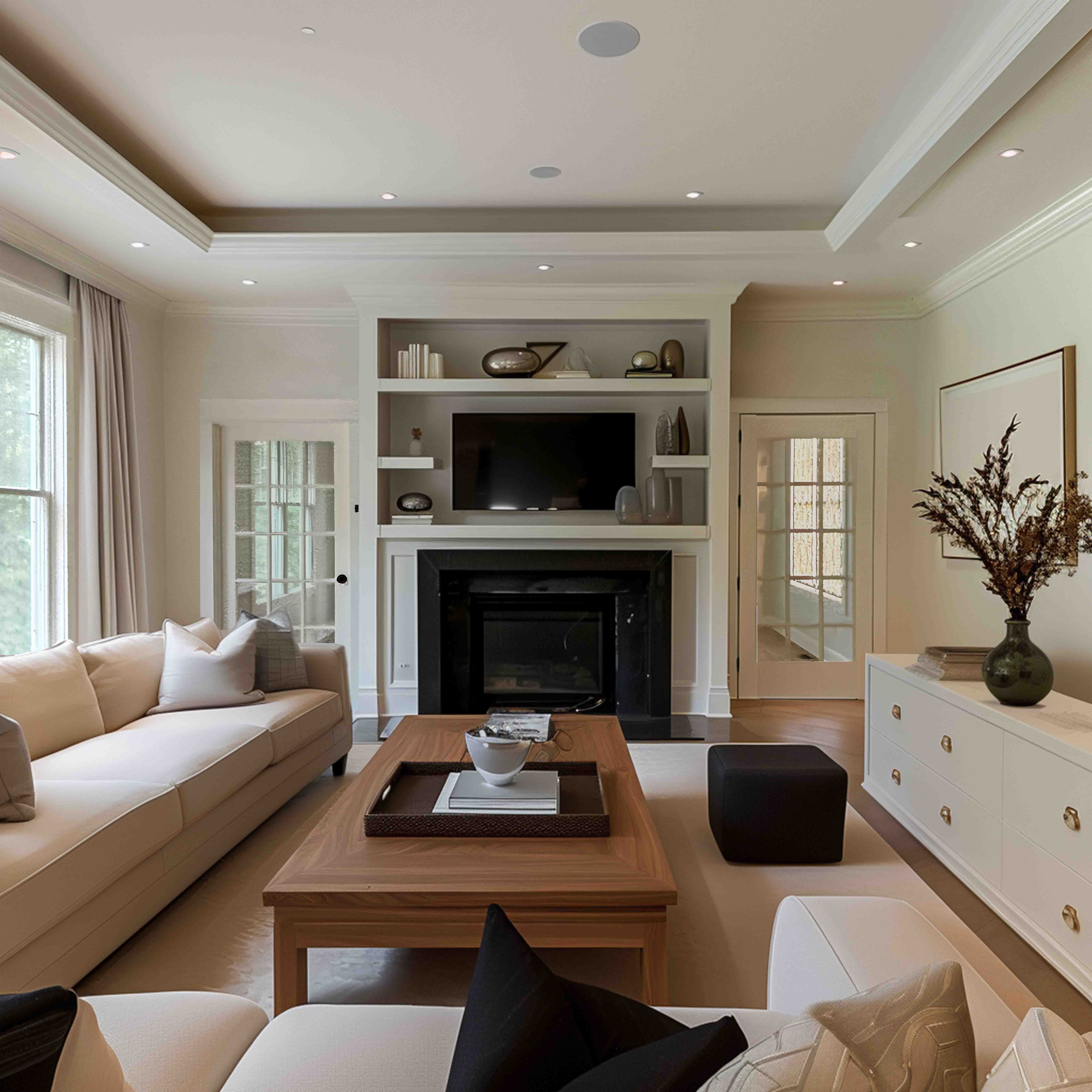 The minimalist living room showcases a sleek low coffee table and metallic spheres