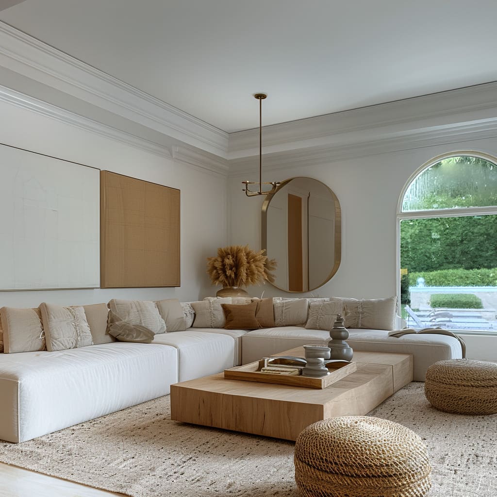 The minimalist living room showcases minimalist art and geometric designs