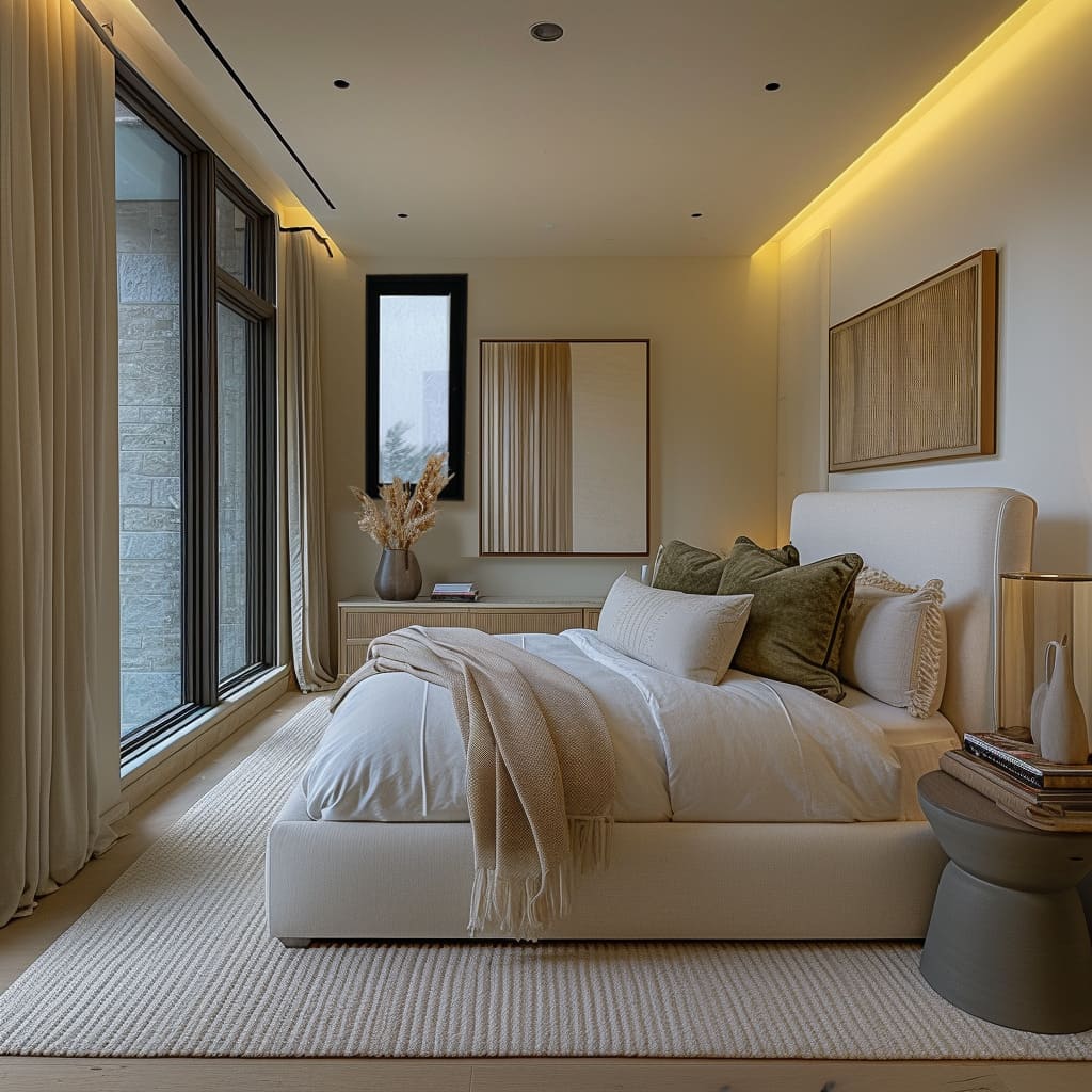 The modern bedroom has a sleek, white sectional sofa