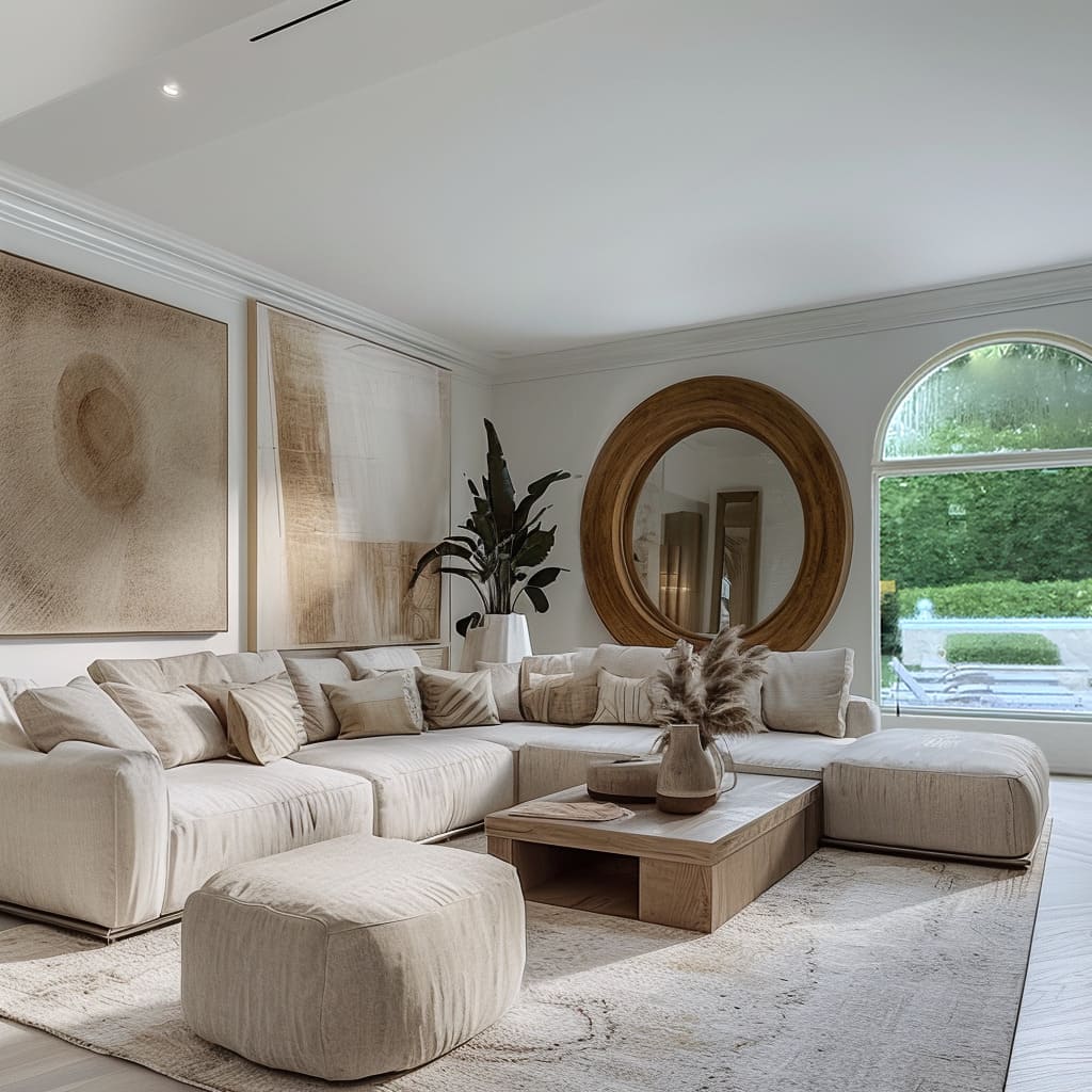 The modern farmhouse living room embraces rustic coffee tables and woven rugs