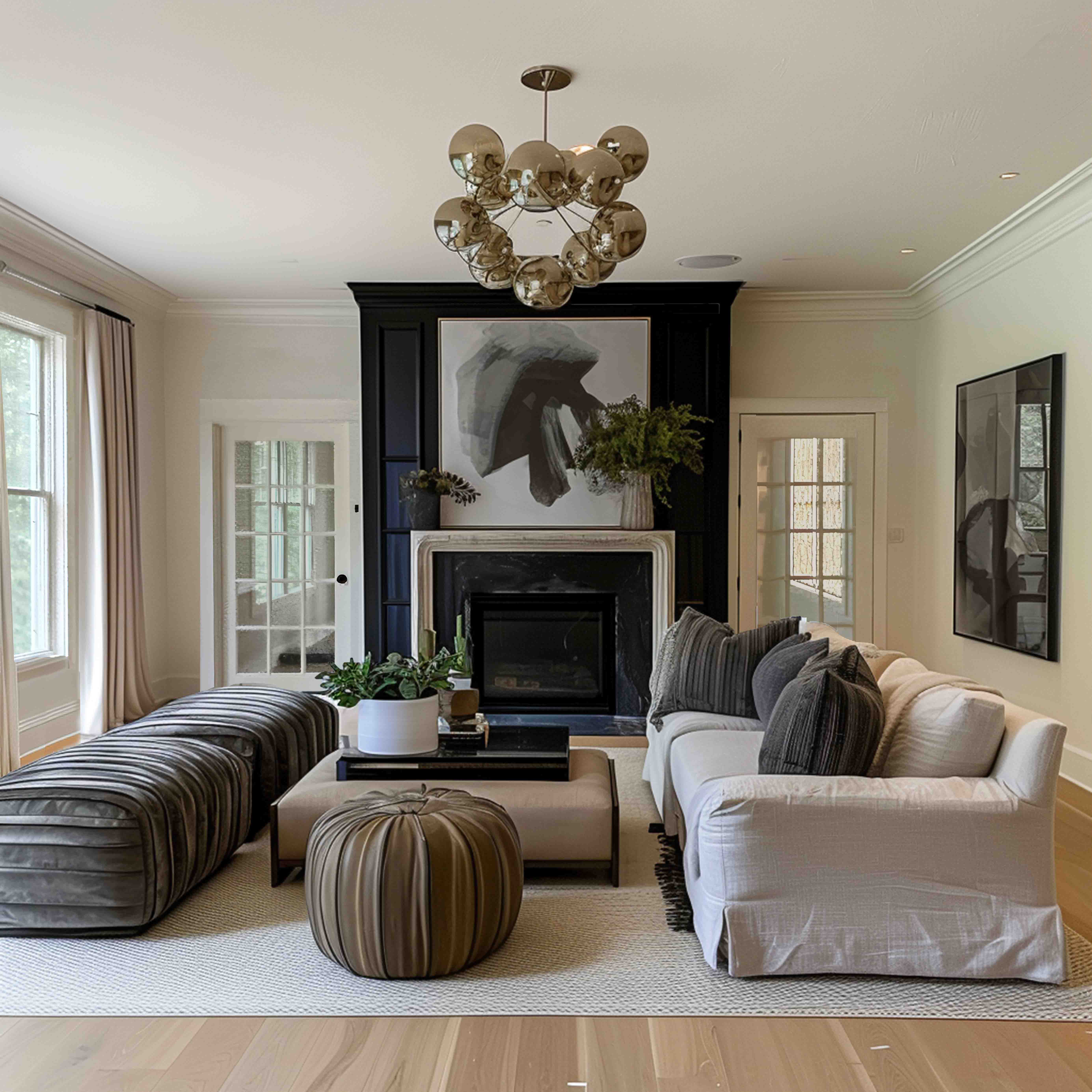 The sophisticated design includes a sculptural chandelier and textured throw pillows