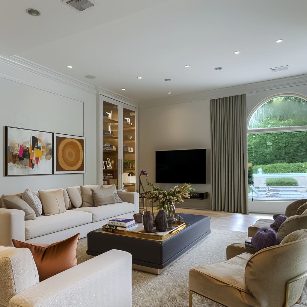 The sophisticated living room boasts luxurious touches and plush textures