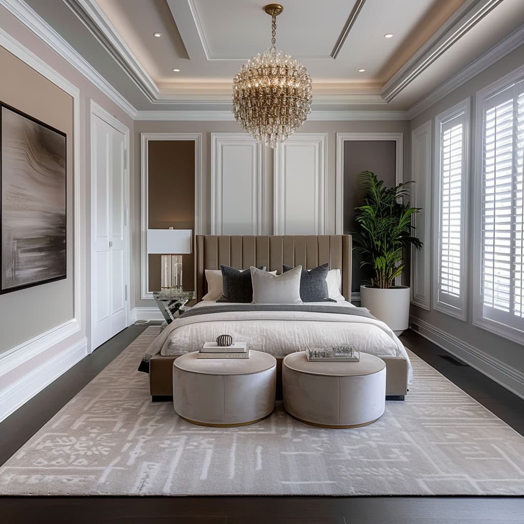 The sophisticated living room features a statement chandelier and soft neutrals