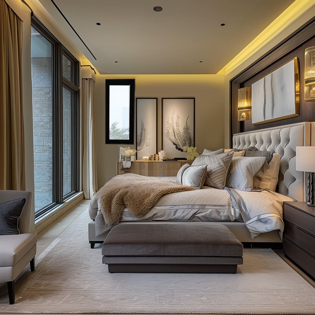 The spacious bedroom features a polished tile floor and elegant decor