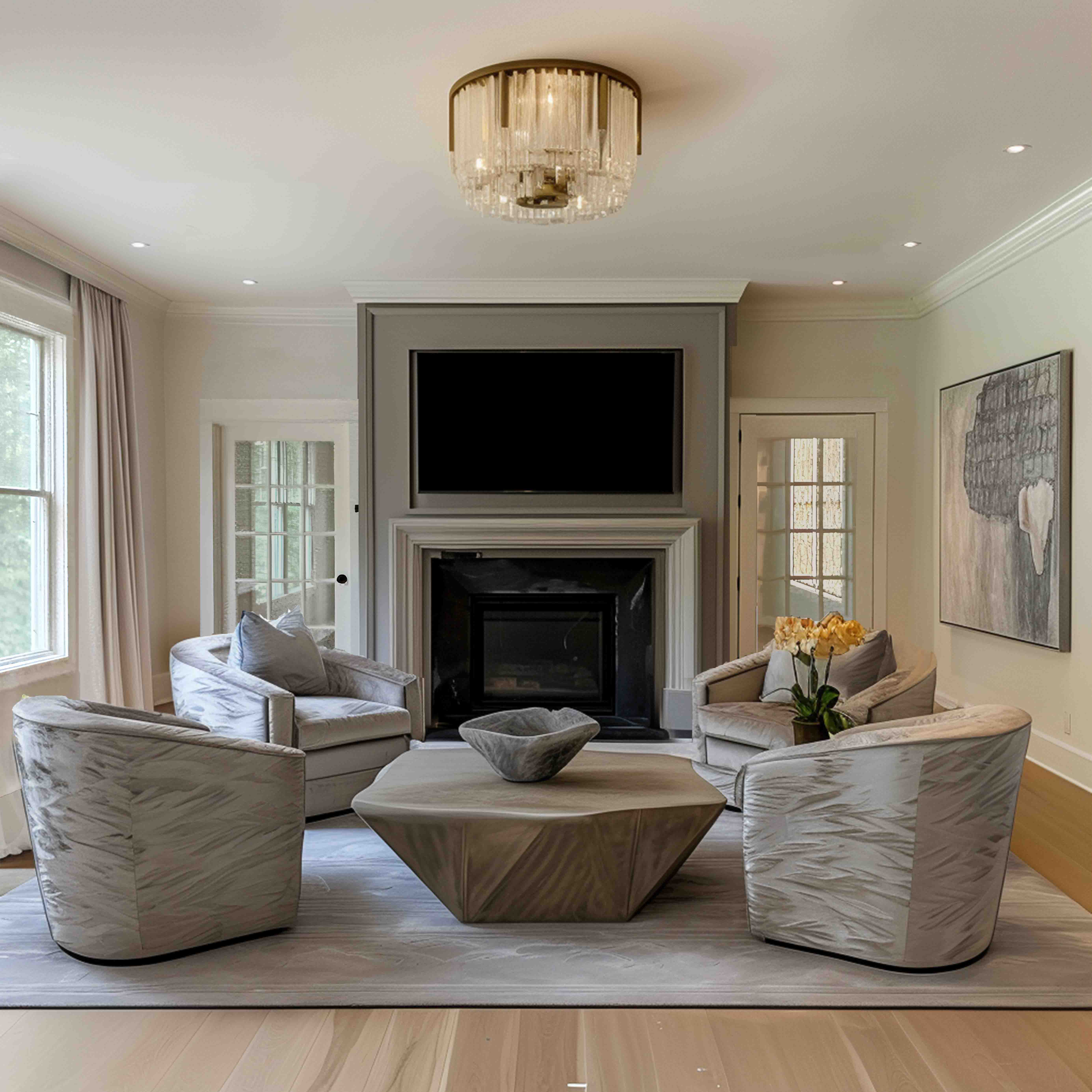 The stylish living room blends rich textures and earthy decorative items