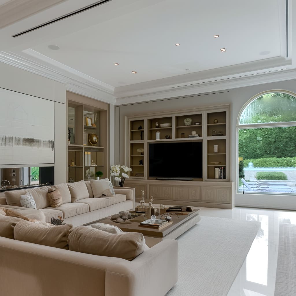 The stylish living room includes round coffee tables and neutral fabrics