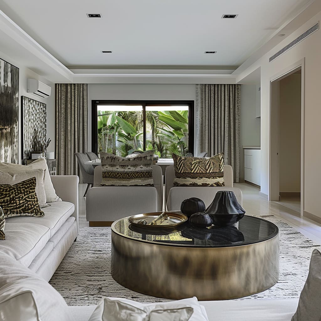 A chic dining area complements the stylish living room layout