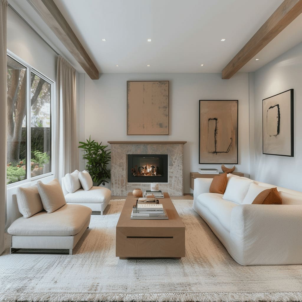 A contemporary living room with monochrome tones and modern artwork