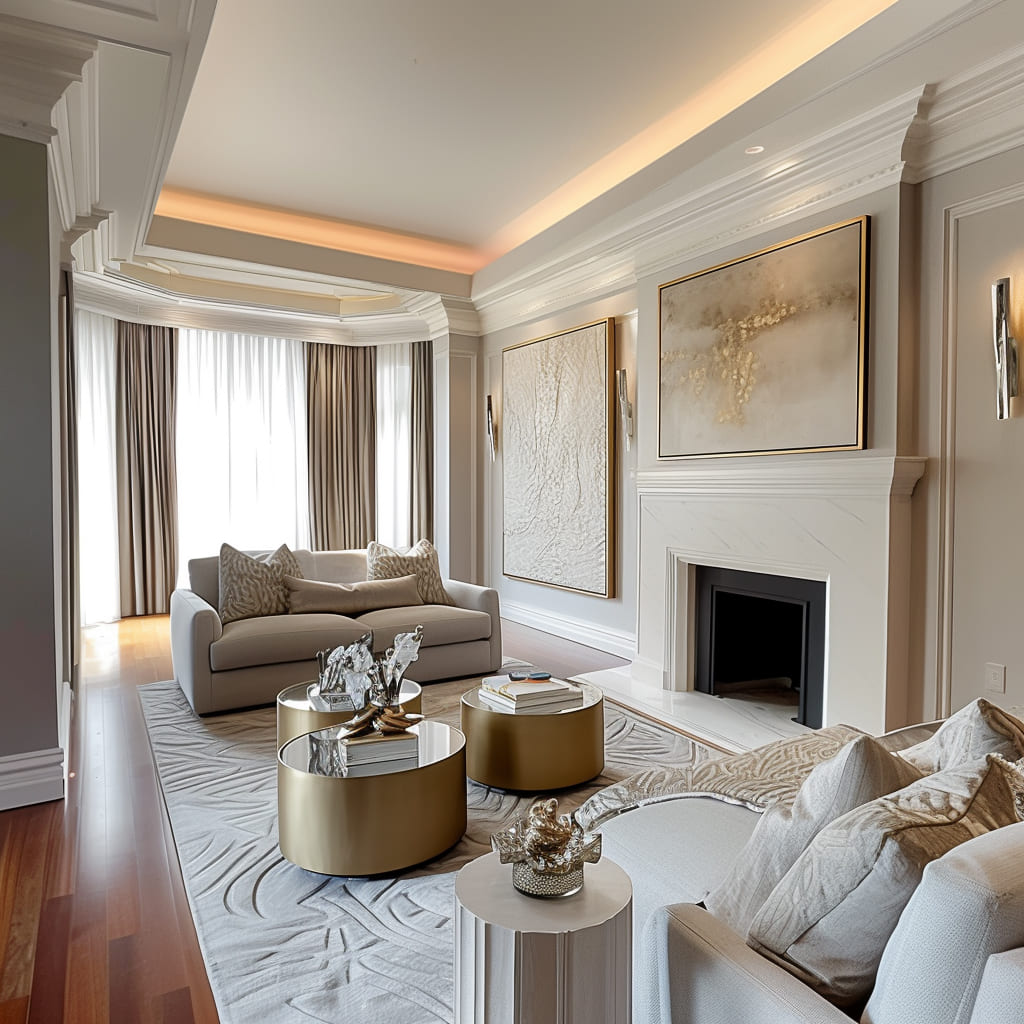 A dark blue sofa adds sophistication to the living room