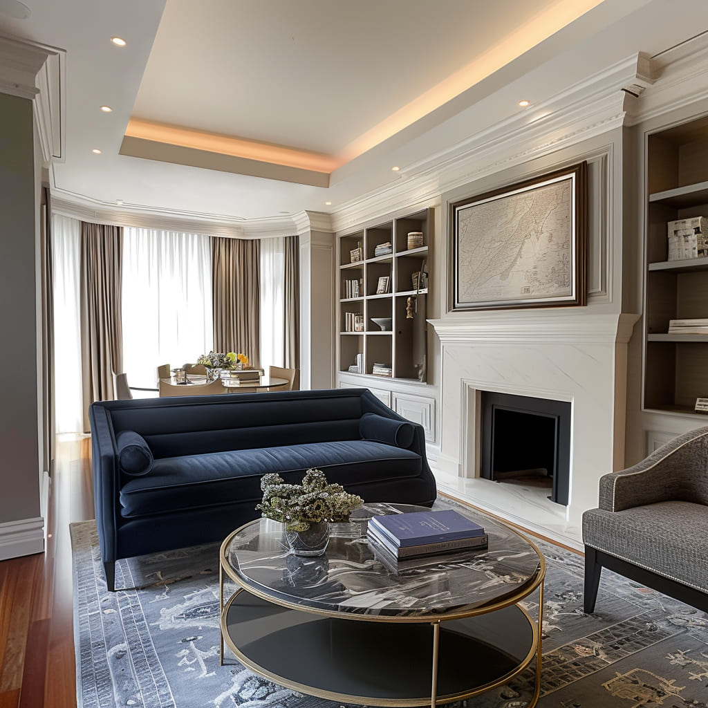 A living room with polished hardwood floors enhances the space