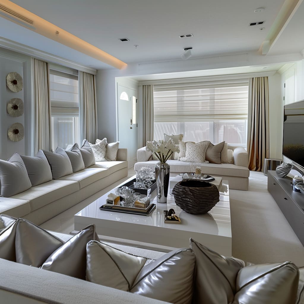 A plush area rug defines the seating area in the living room