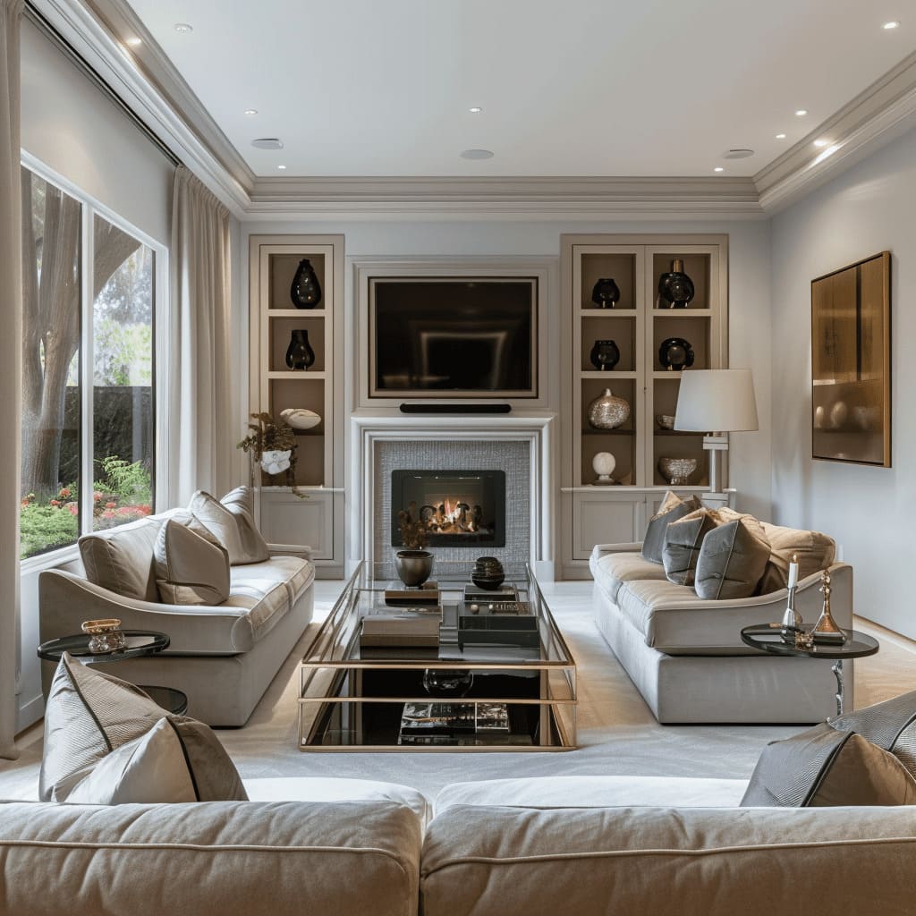 A traditional living room with a stone fireplace and wooden panel accents