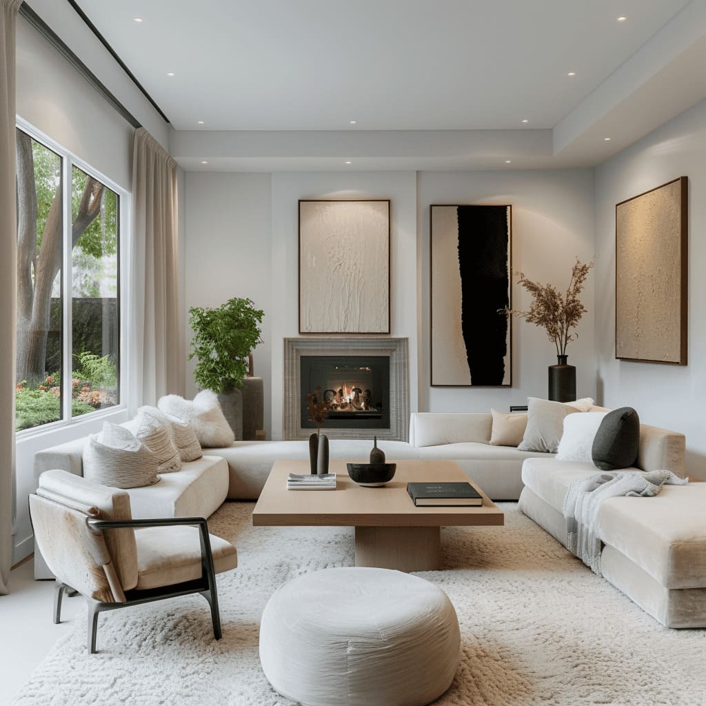 An elegant living room design emphasizes sophisticated accents and luxurious materials