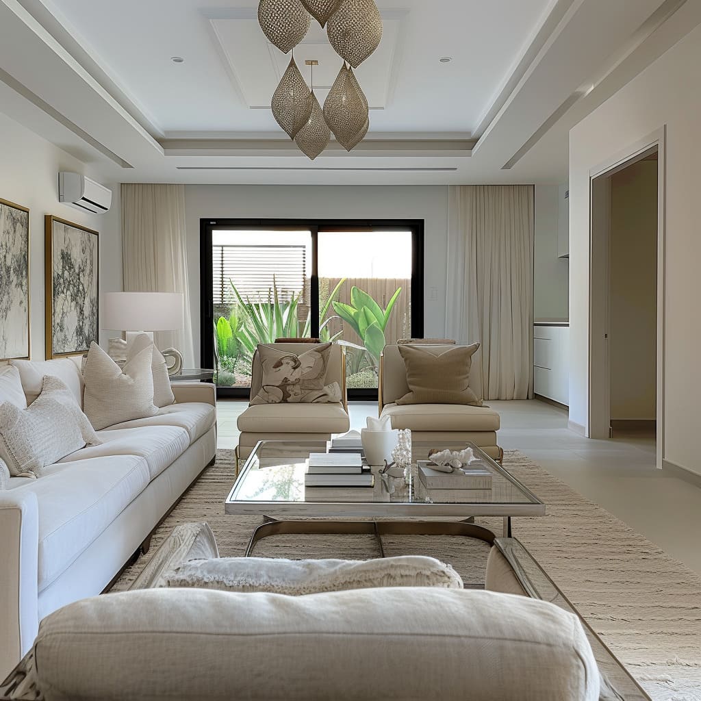 An urban living room with chic dining area decor